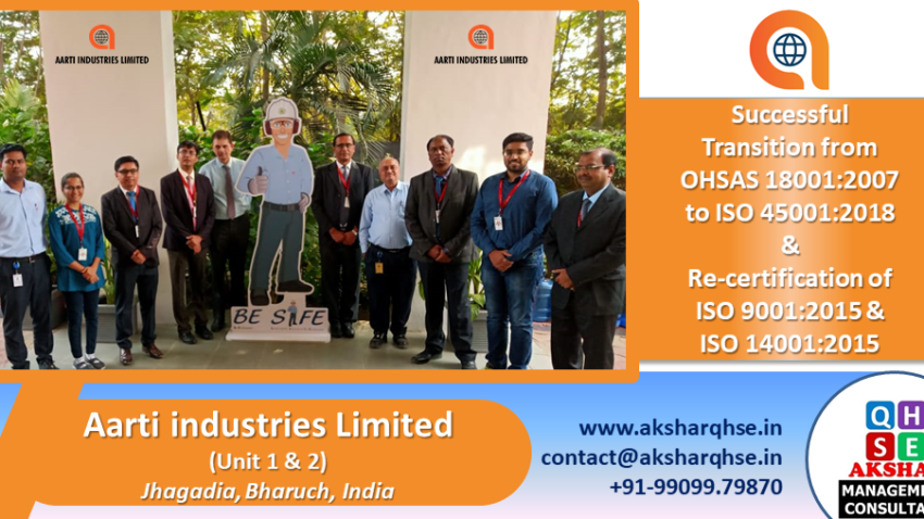 Successful Transition from BS OHSAS 18001:2007 to ISO 45001:2018 & Recertification of ISO 9001 & ISO 14001 @ Aarti Industries Limited, Jhagadia