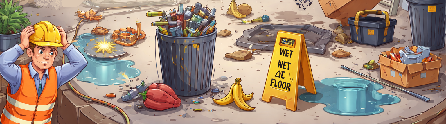Spot the hazard workplace scene showing multiple safety hazards in an industrial environment