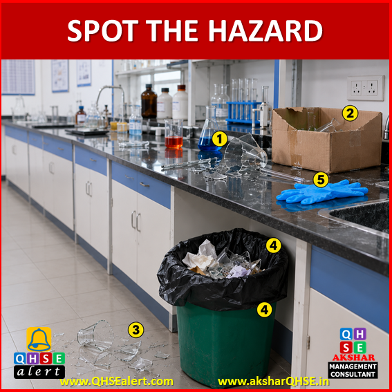 Broken glass improperly disposed in laboratory A