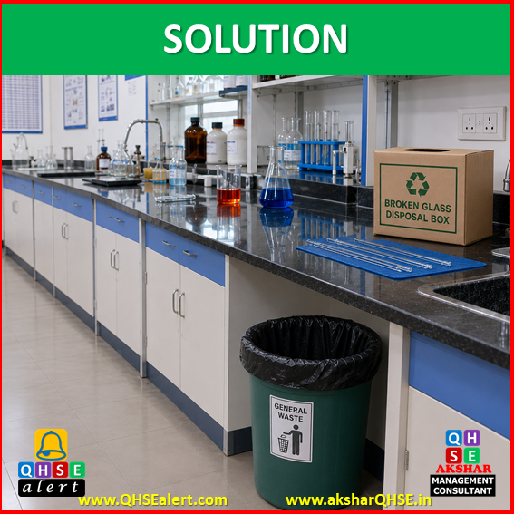 Broken glass improperly disposed in laboratory B